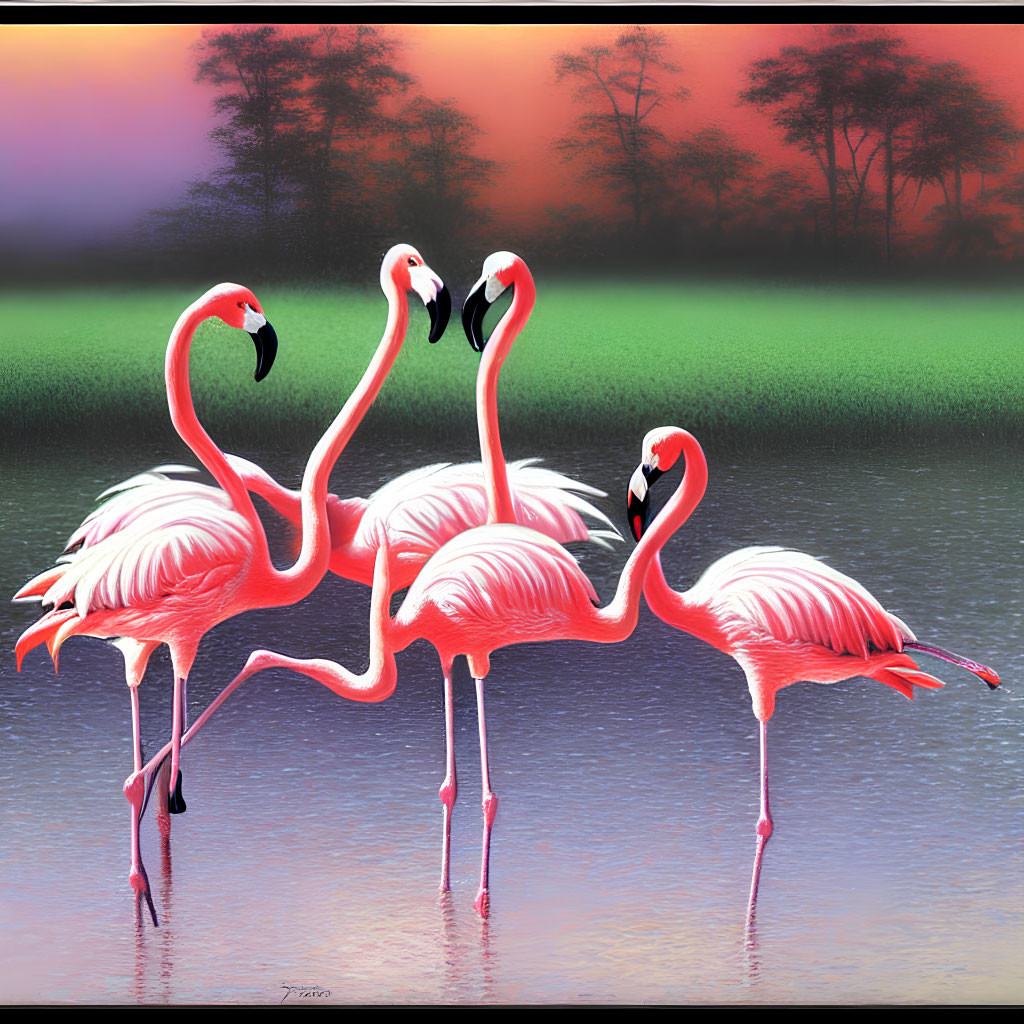 Vibrant pink flamingos in shallow water at sunset