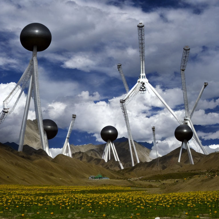 Spherical radio telescopes under blue sky with mountains & yellow flowers