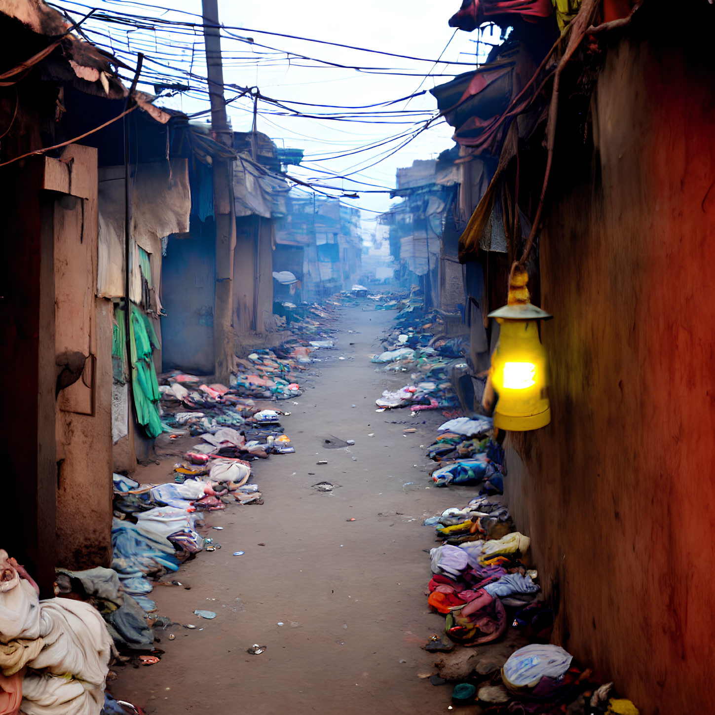 Cluttered garments in narrow slum alleyway with yellow lantern and overhead wires