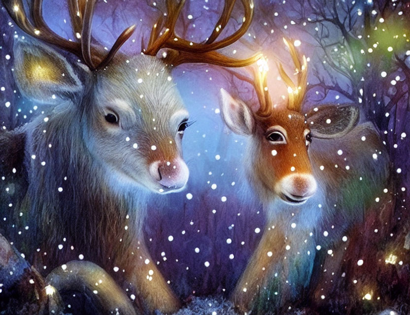 Illustrated deer with glowing antlers in snowy forest scene