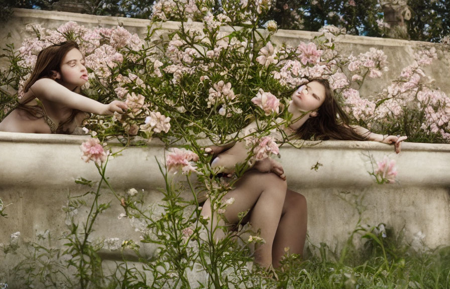 Two people relaxing in a floral bath with ancient wall backdrop.