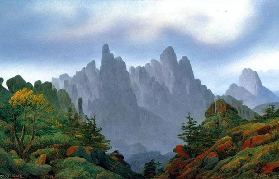 Misty mountains and lush forest in serene landscape painting