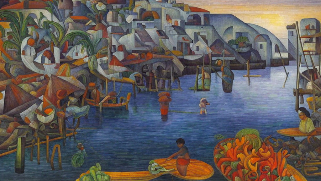 Vibrant painting of waterfront village with stilt houses and villagers in lush setting