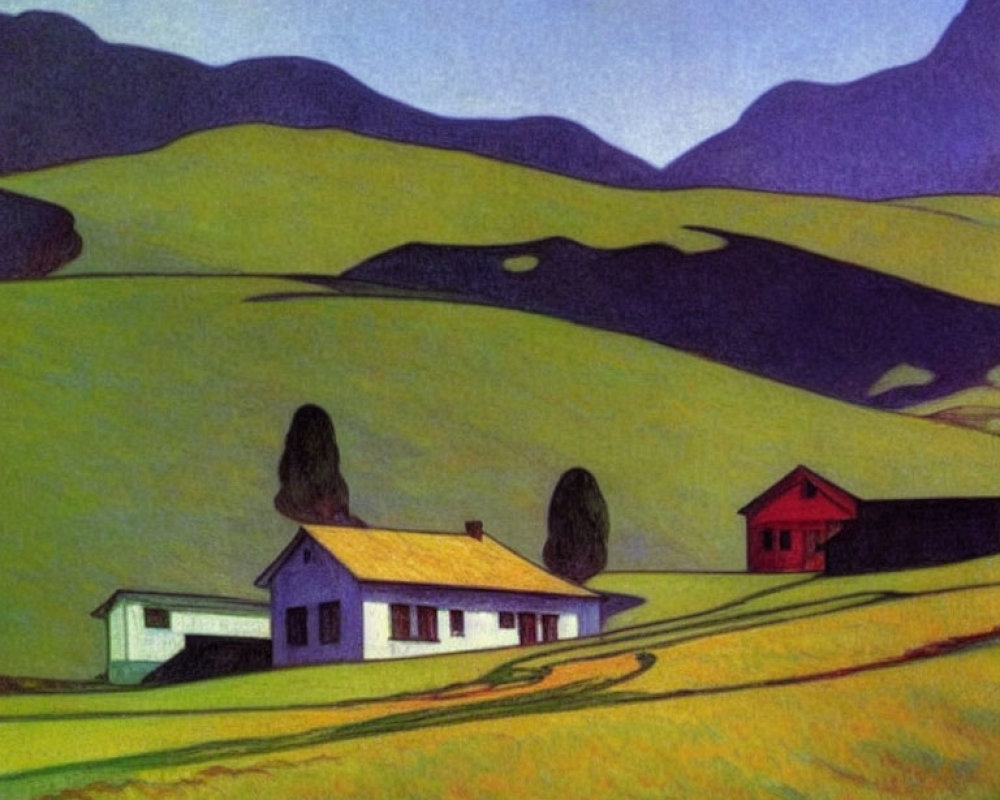 Stylized painting of rural landscape with white house and rolling hills