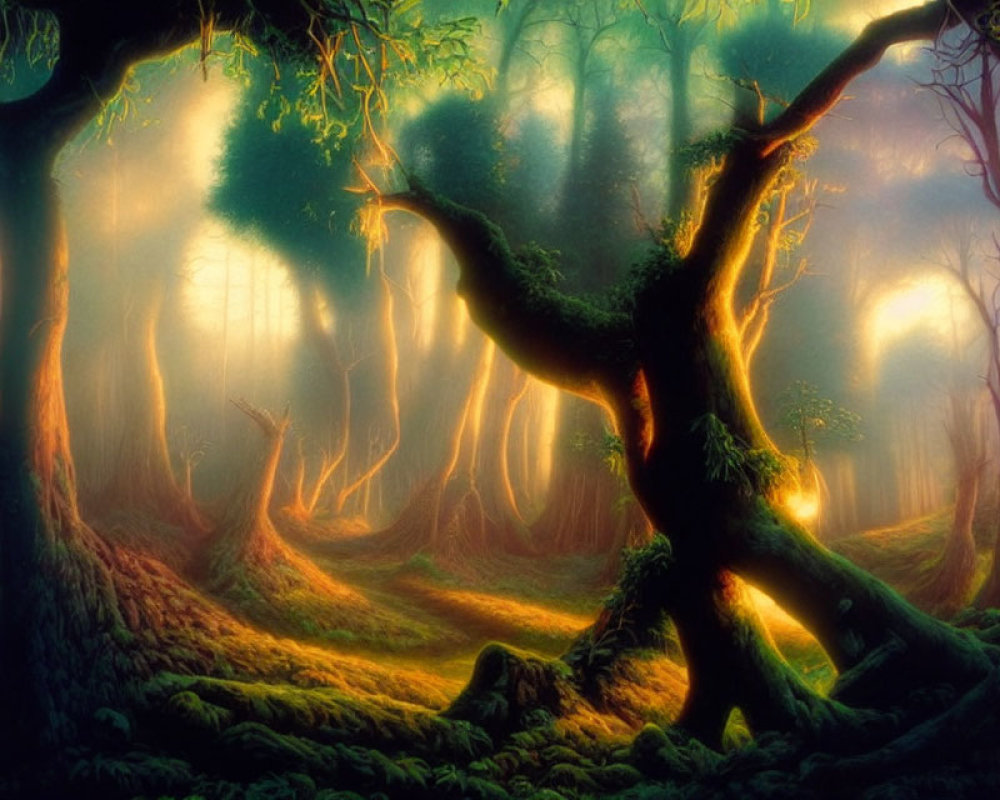 Enchanting forest scene with sunlight filtering through dense trees