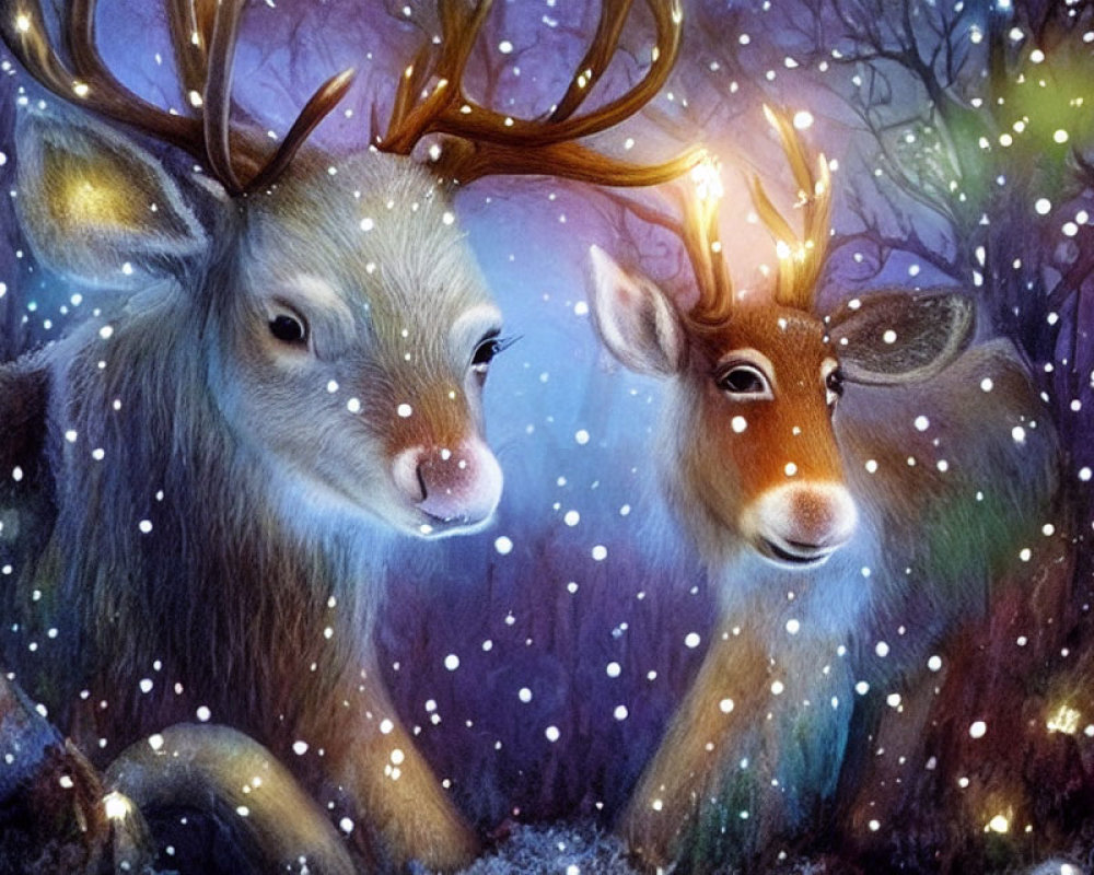 Illustrated deer with glowing antlers in snowy forest scene