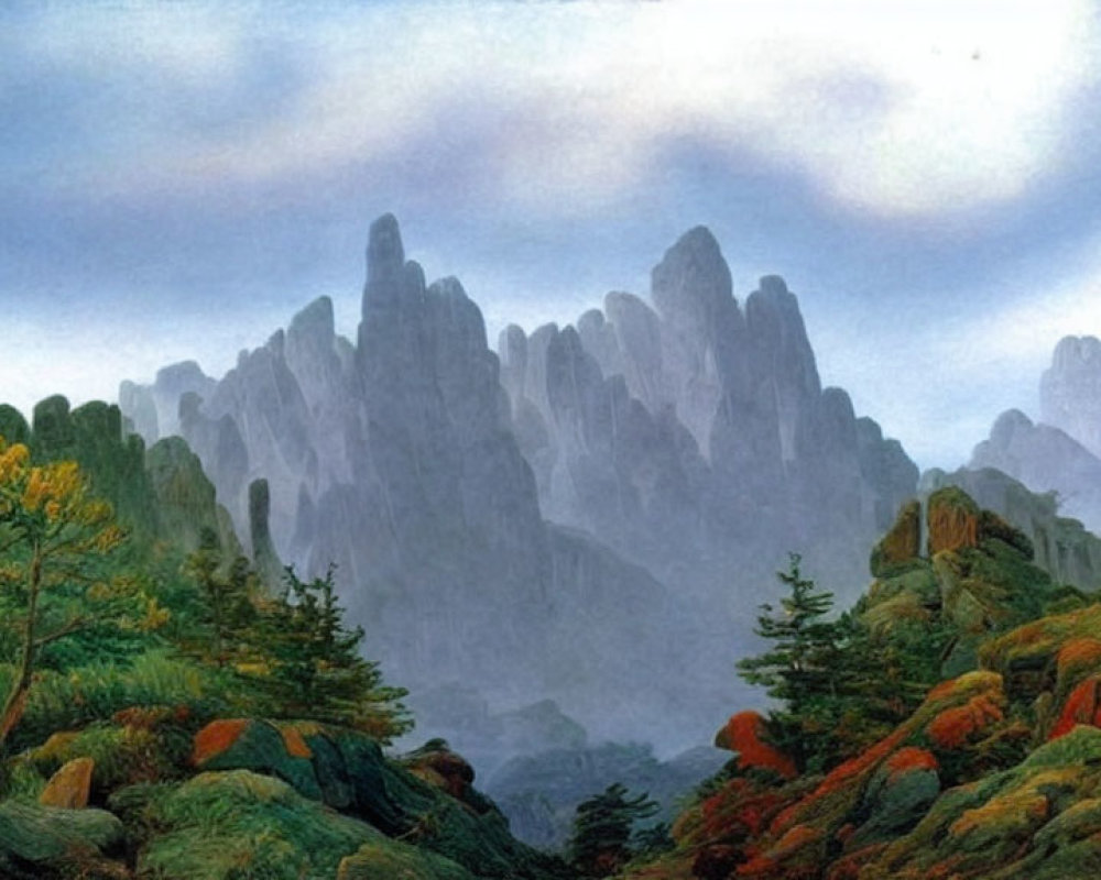 Misty mountains and lush forest in serene landscape painting