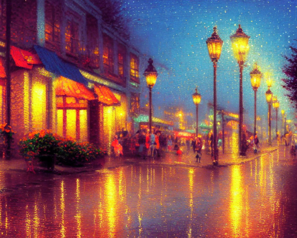 Impressionistic painting: Rain-soaked street at twilight