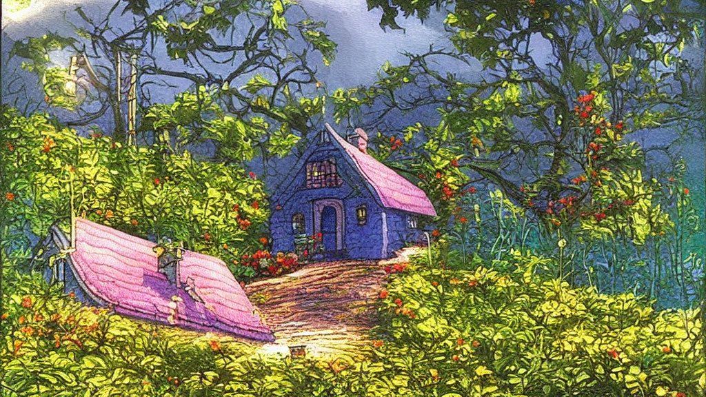 Pink-roofed cottage surrounded by greenery and flowers at twilight