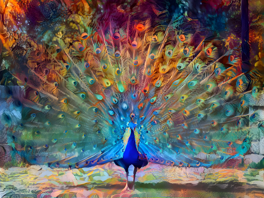 A beautiful peacock opens its wings 