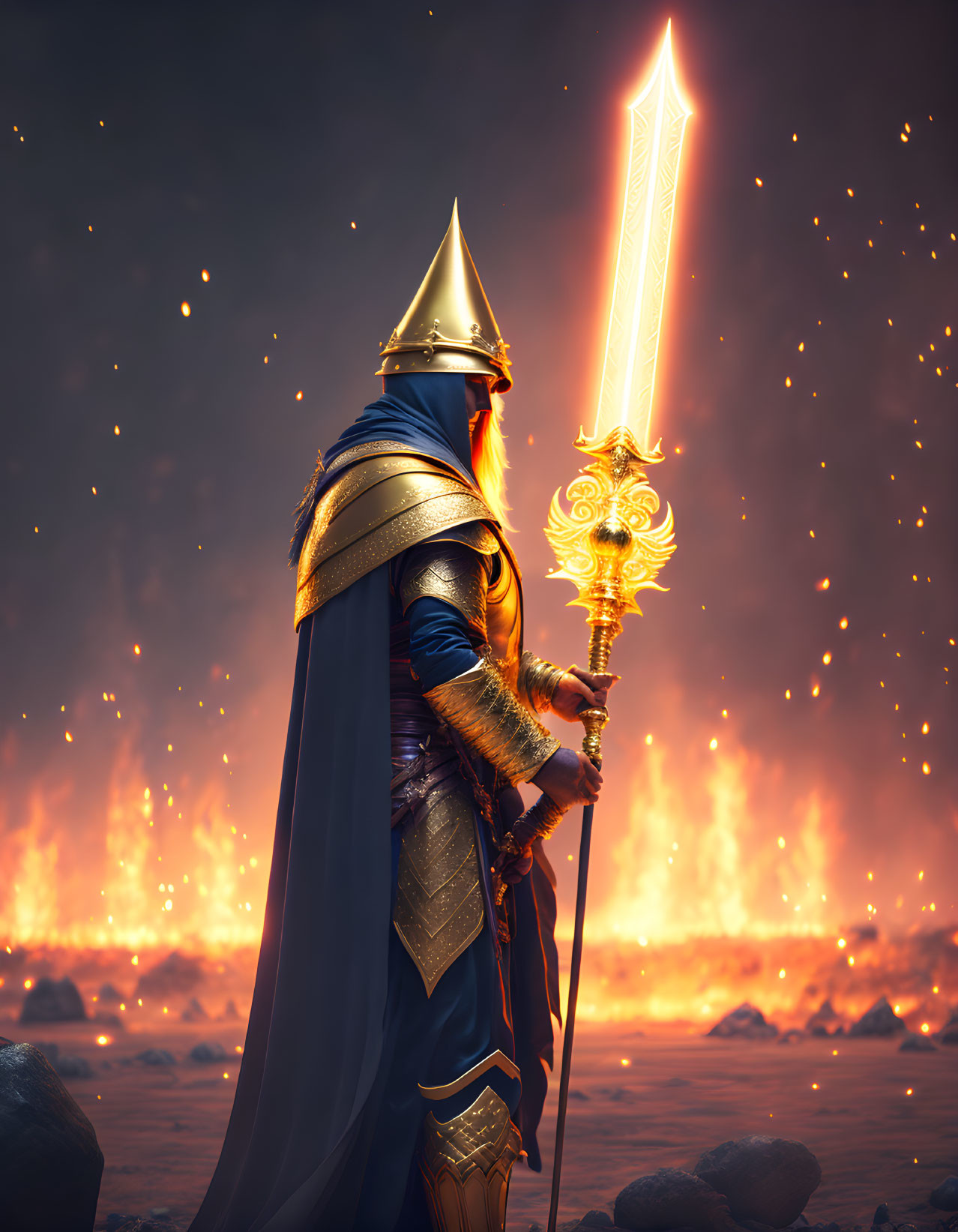 Ornate armor knight with glowing sword on fiery battlefield
