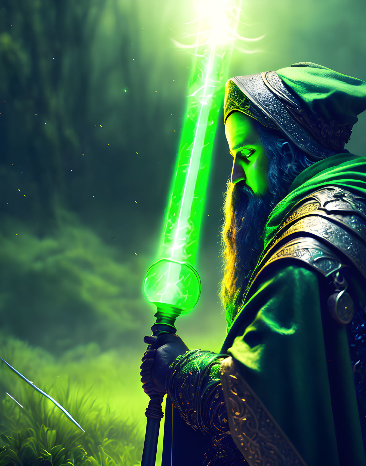 Wizard in Green Robes with Glowing Staff in Mystical Forest