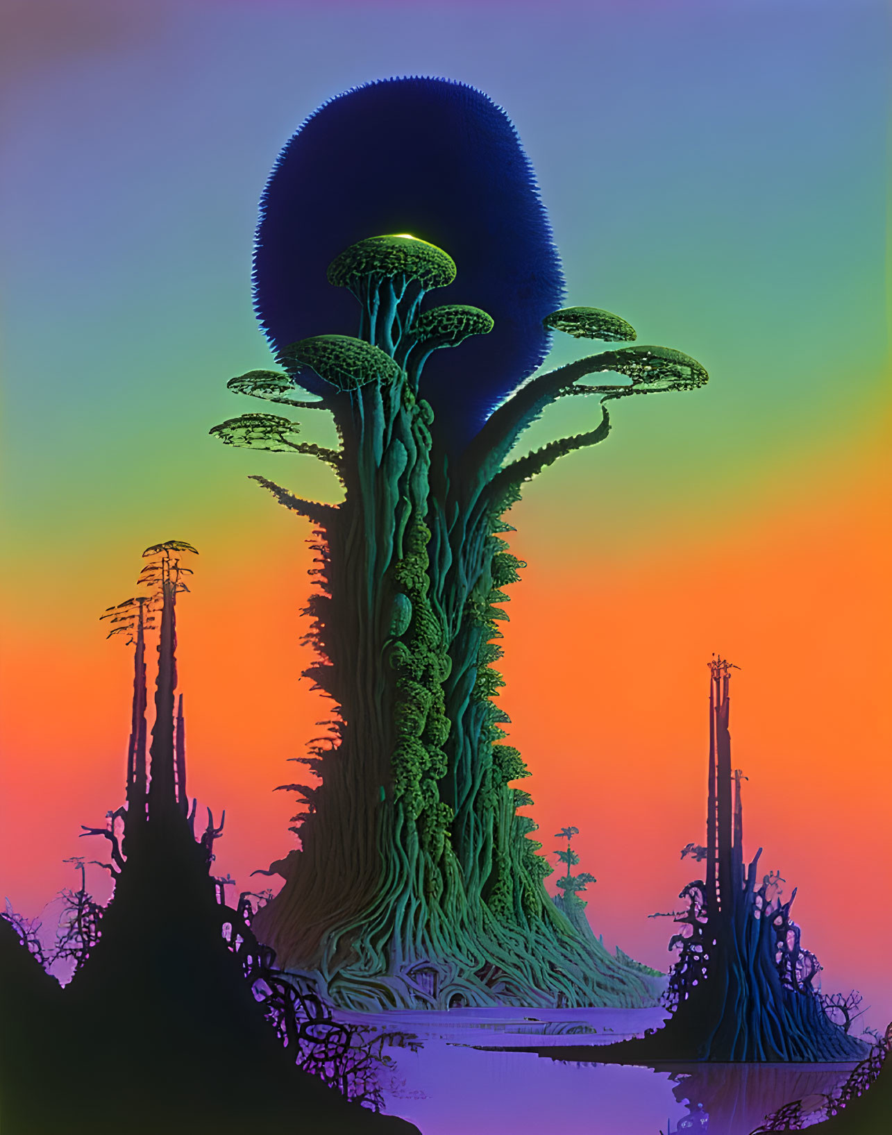 Surreal towering tree with mushroom-like canopy amidst gradient sky and vegetation
