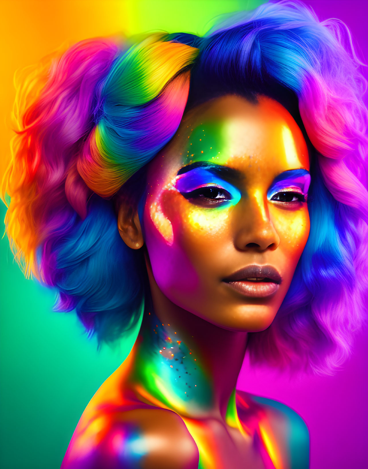 Colorful hair and neon makeup portrait on multicolored background