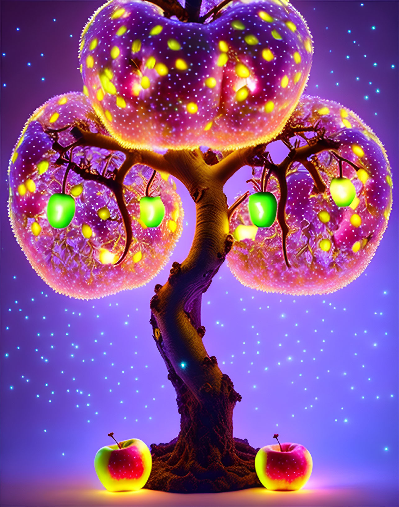 Magical glowing apple tree under starry sky with floating apples