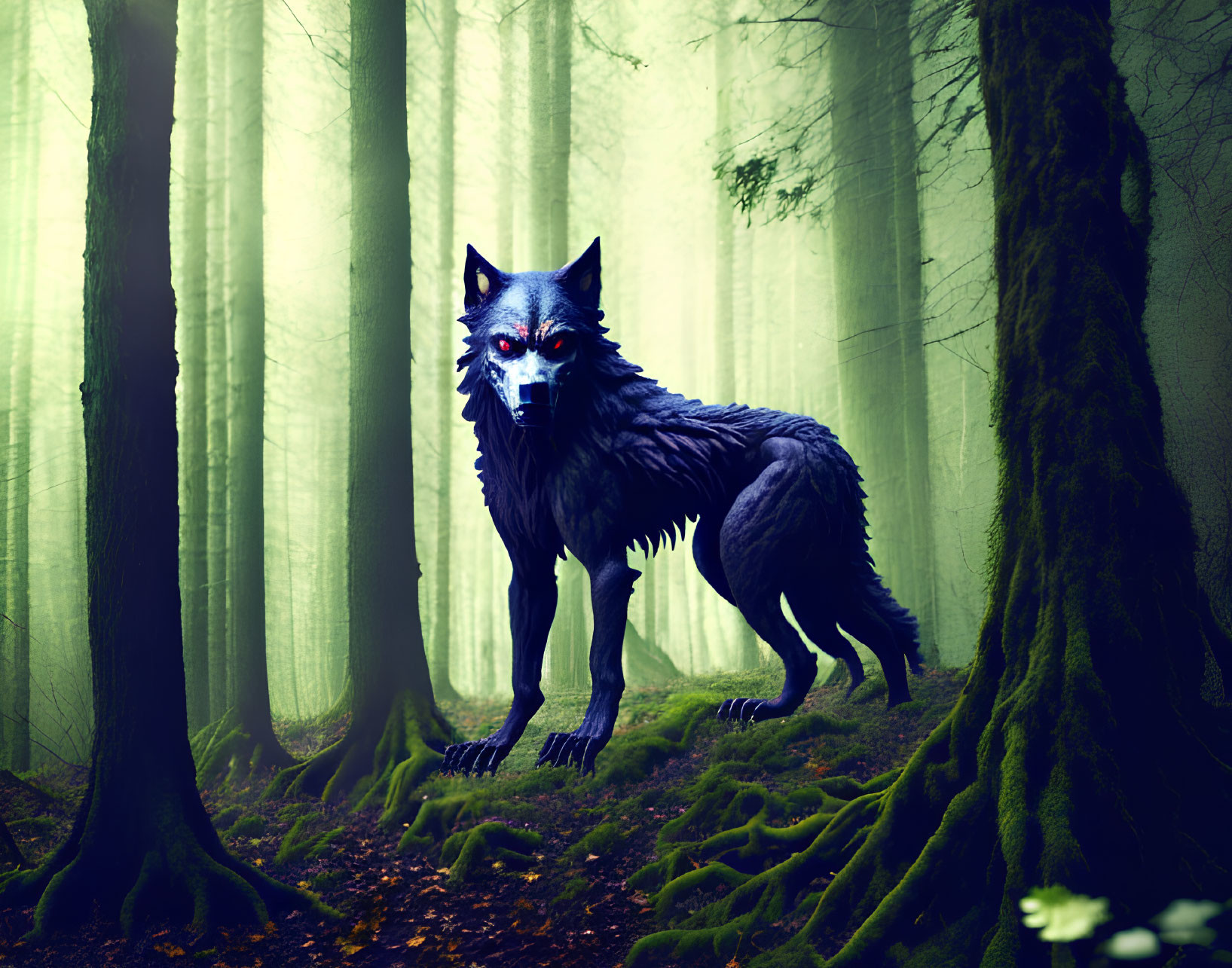 Mystical black wolf with blue eyes in foggy forest with moss-covered trees
