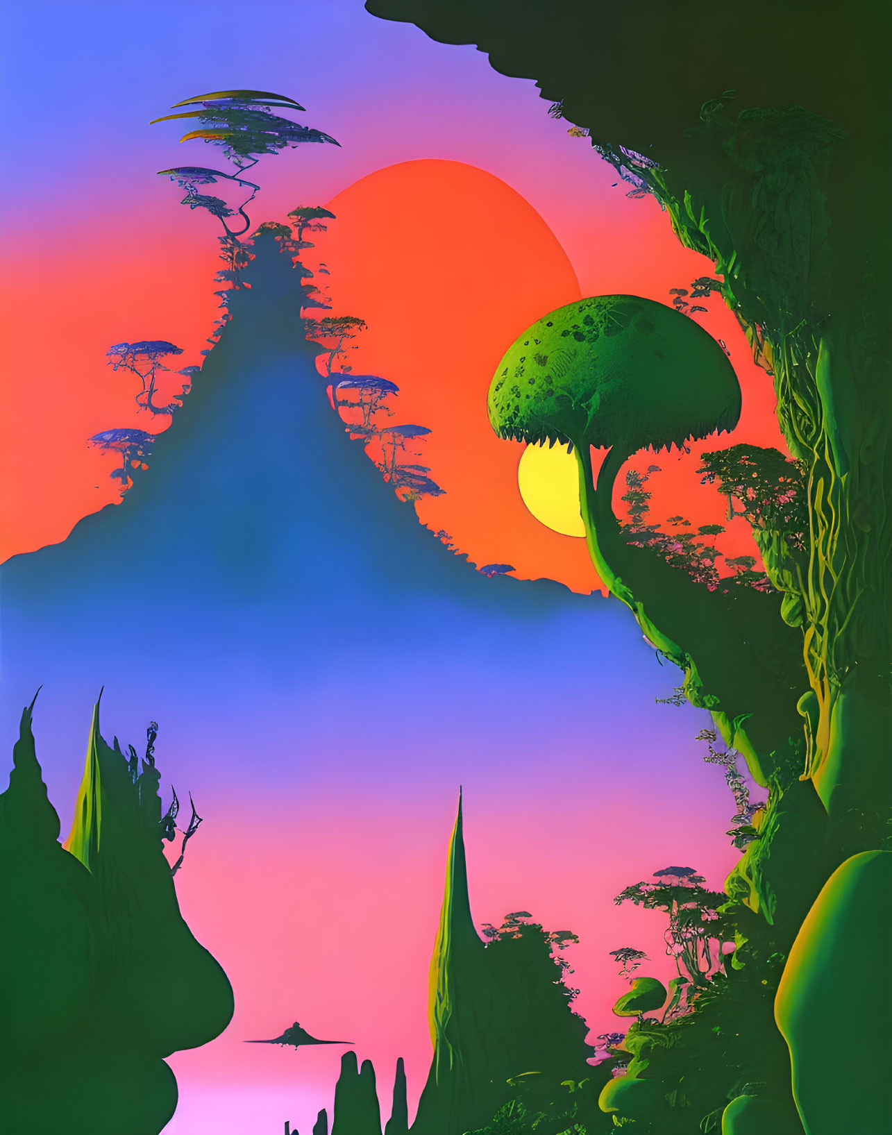 Colorful Psychedelic Landscape with Red Sun and Towering Mushrooms