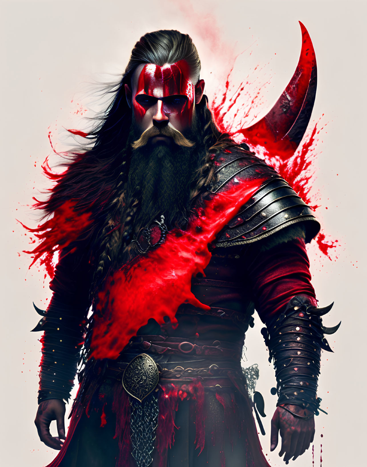 Warrior with red visor and axe in dark armor on white background