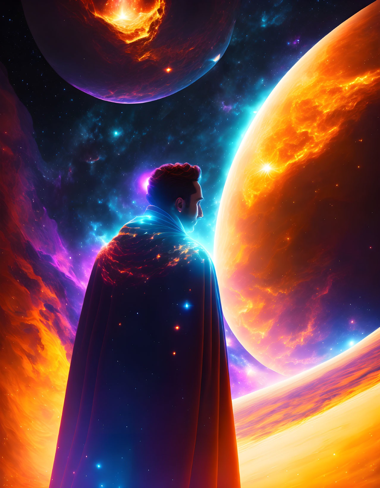 Person with Glowing Aura in Cosmic Scenery with Planets