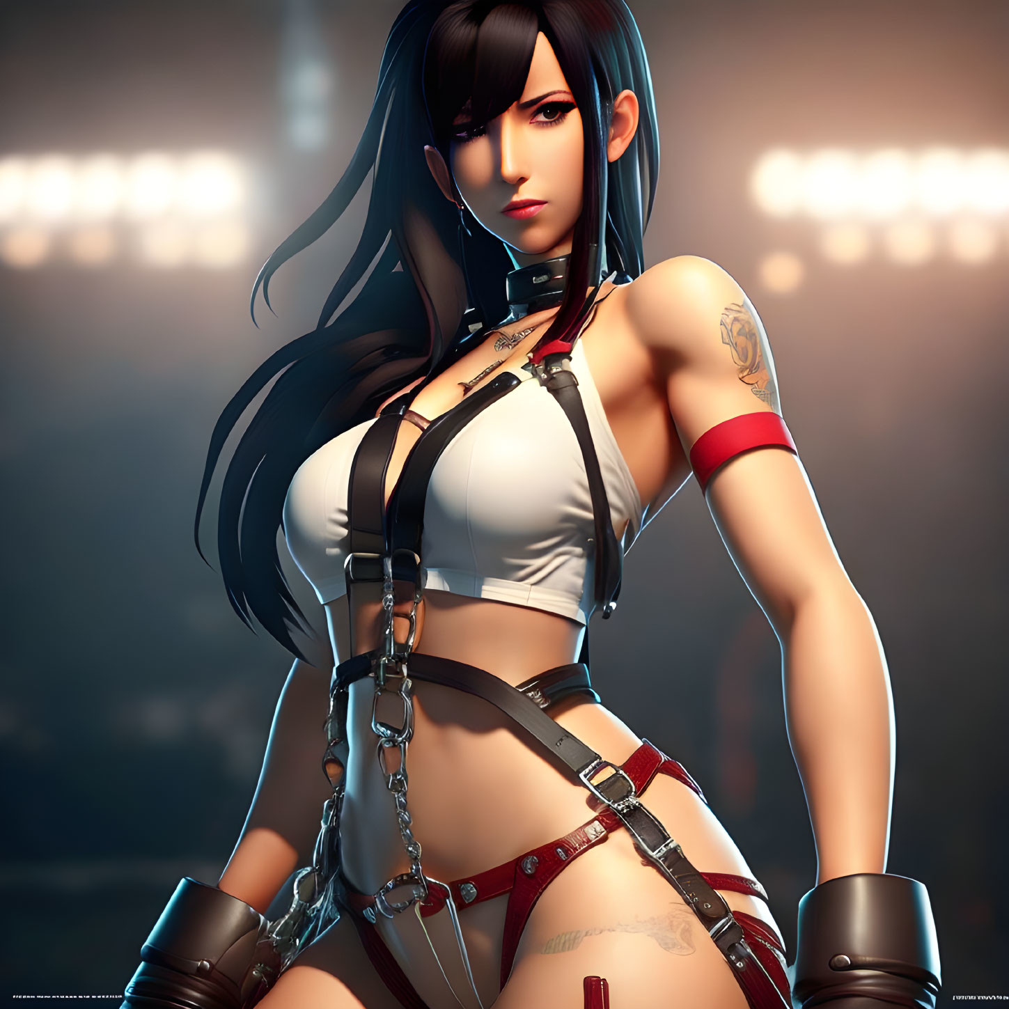 Digital artwork: Dark-haired female in white top with red harnesses, choker, and left arm