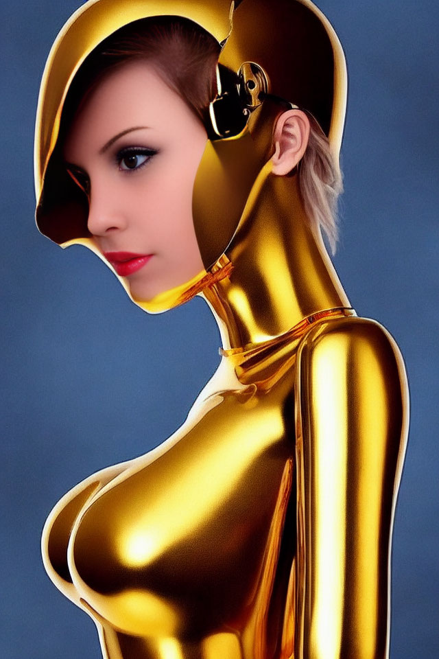 Side-swept hairstyle woman in shiny gold bodysuit with high collar