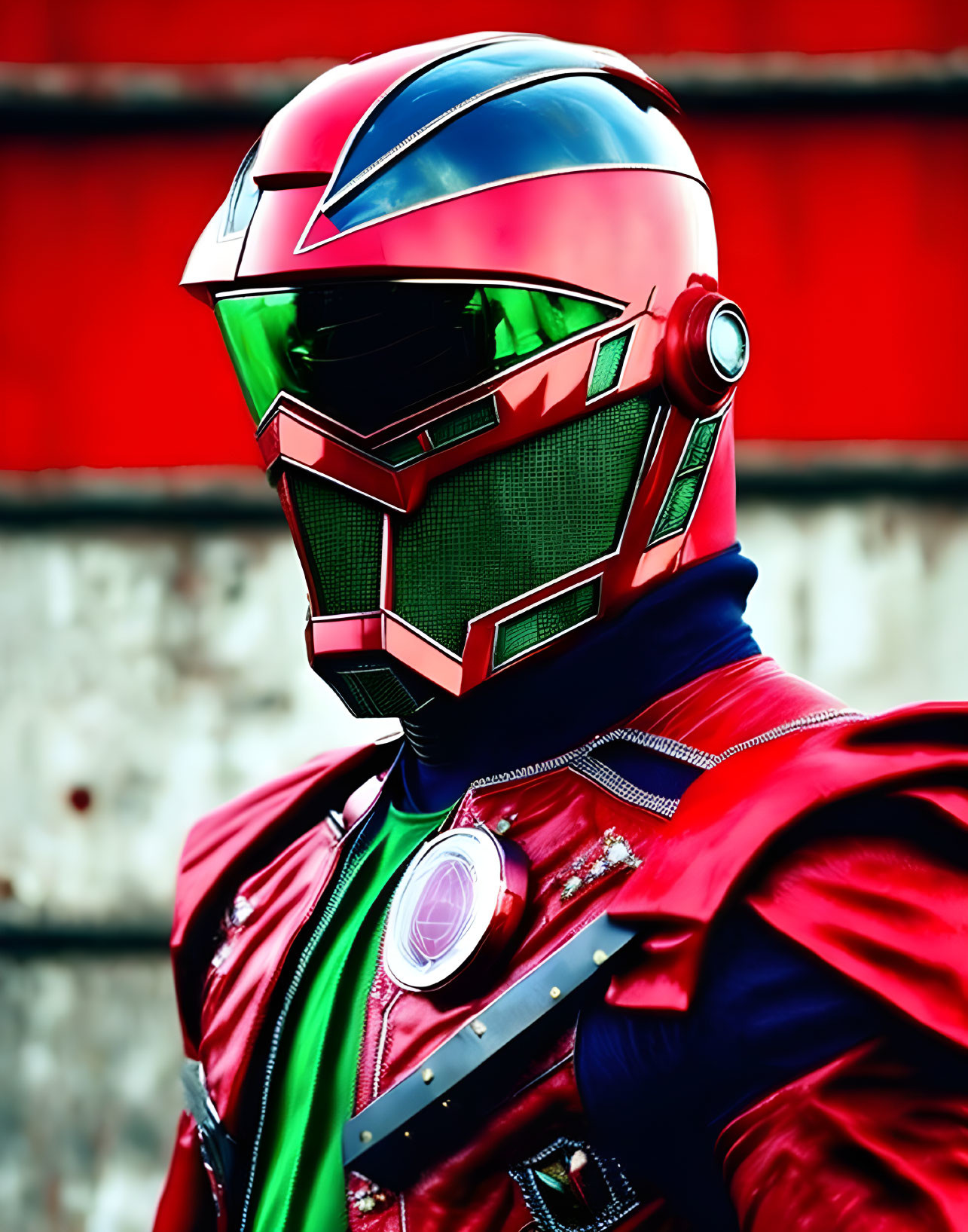 Colorful Power Ranger Costume with Glossy Red, Green, and Silver Helmet