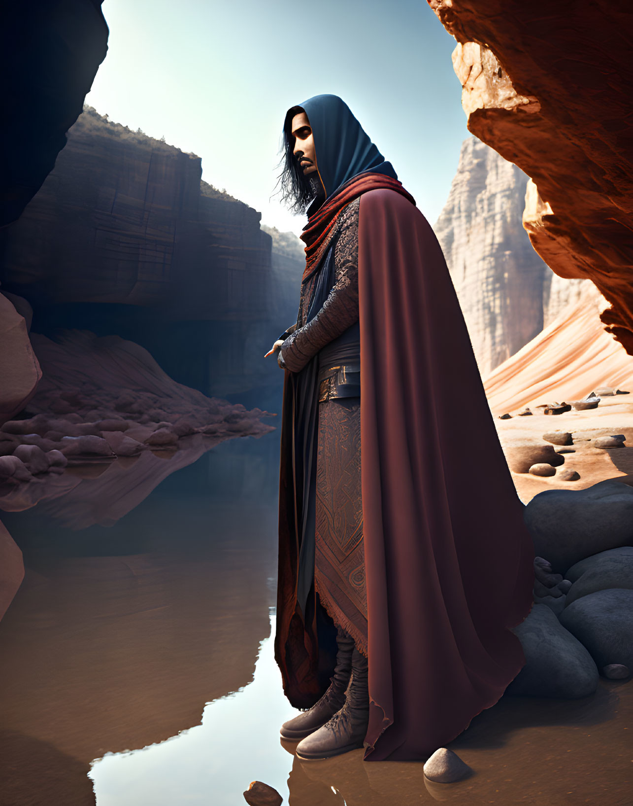 Cloaked figure in detailed armor and cape in sunlit canyon
