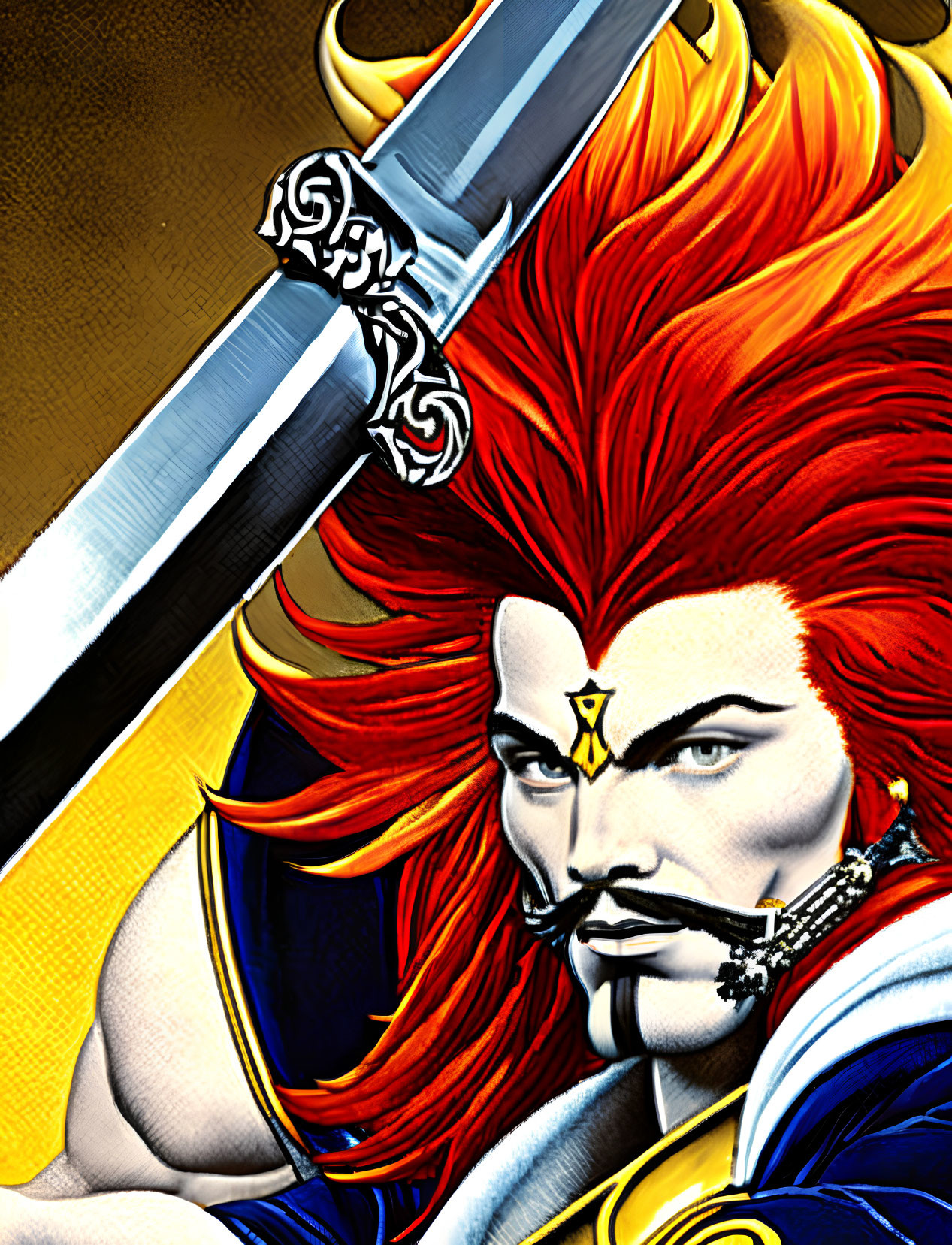 Fantasy character with vibrant red hair wielding a sword in elaborate armor