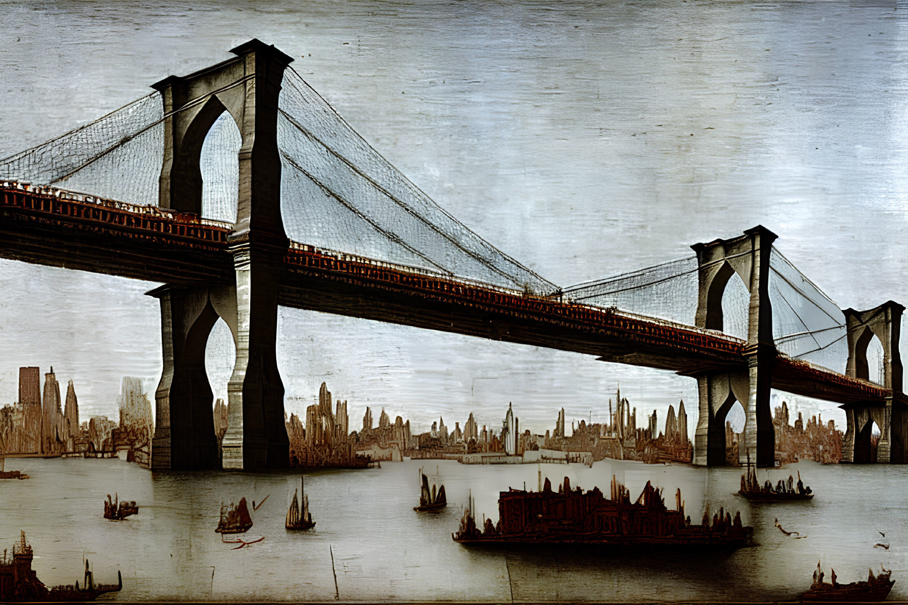 Illustration of vintage suspension bridge over water with boats and city skyline
