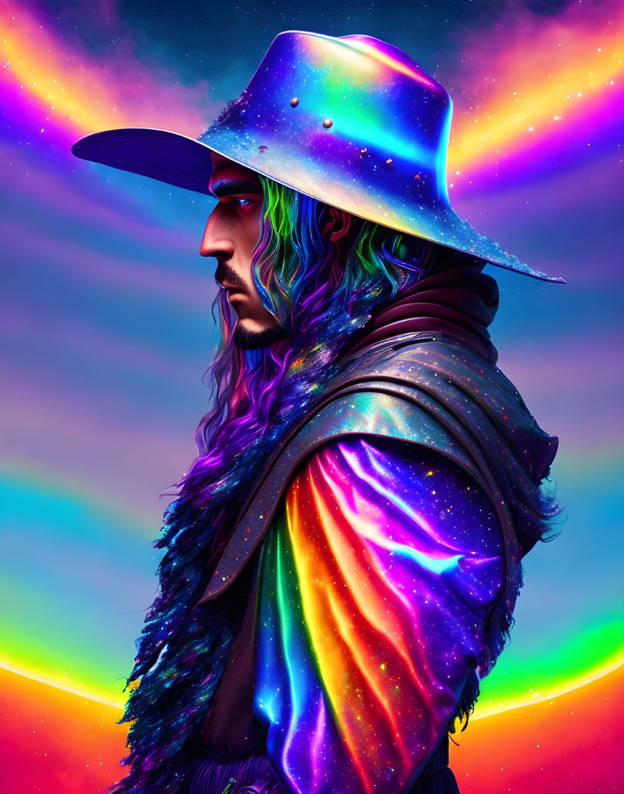 Colorful digital portrait of a man in cosmic cowboy hat and rainbow attire under neon aurora sky