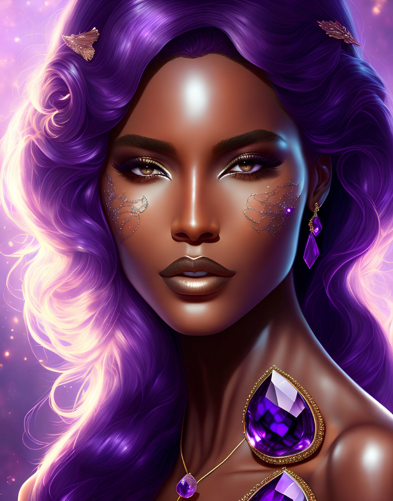 Vibrant Purple Hair Woman in Cosmic Fantasy Art