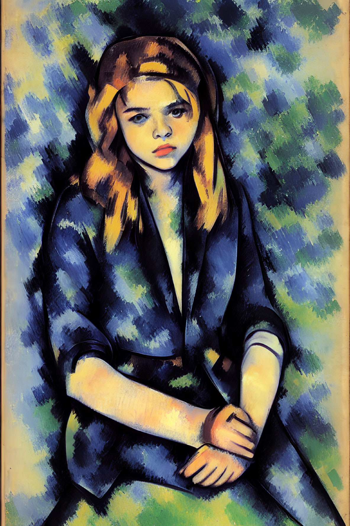 Seated person in blue outfit with headband in Expressionist painting