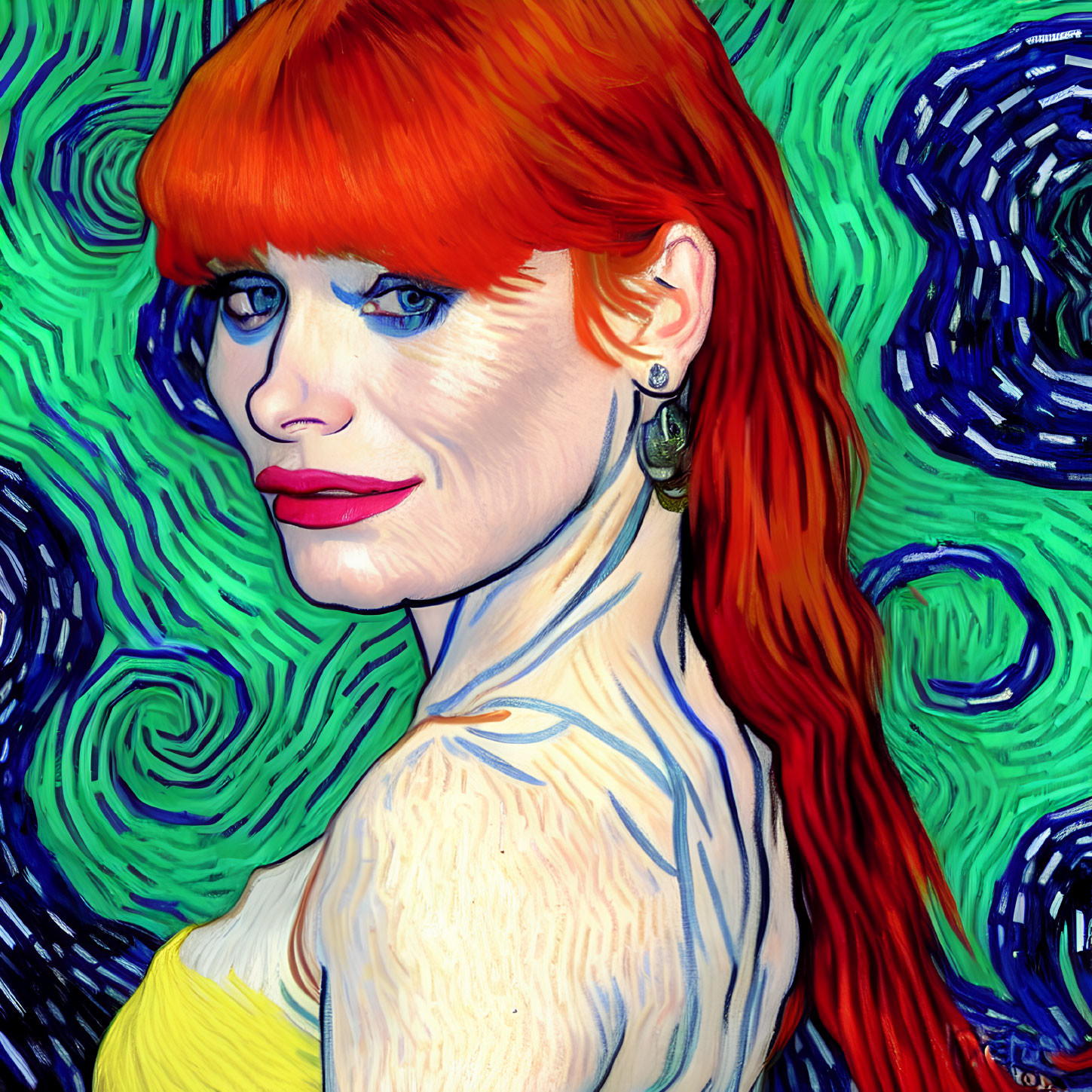 Red-haired woman with blue eyes and red lipstick on swirling blue background.