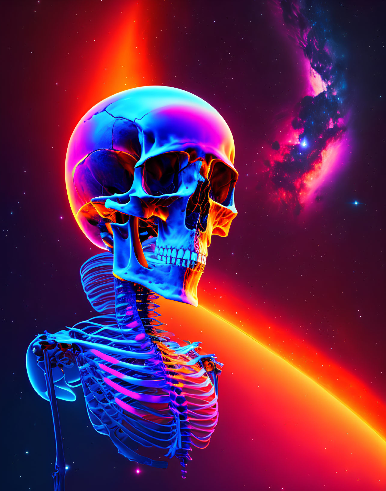 Colorful digital artwork: Glowing skull on skeleton against cosmic backdrop