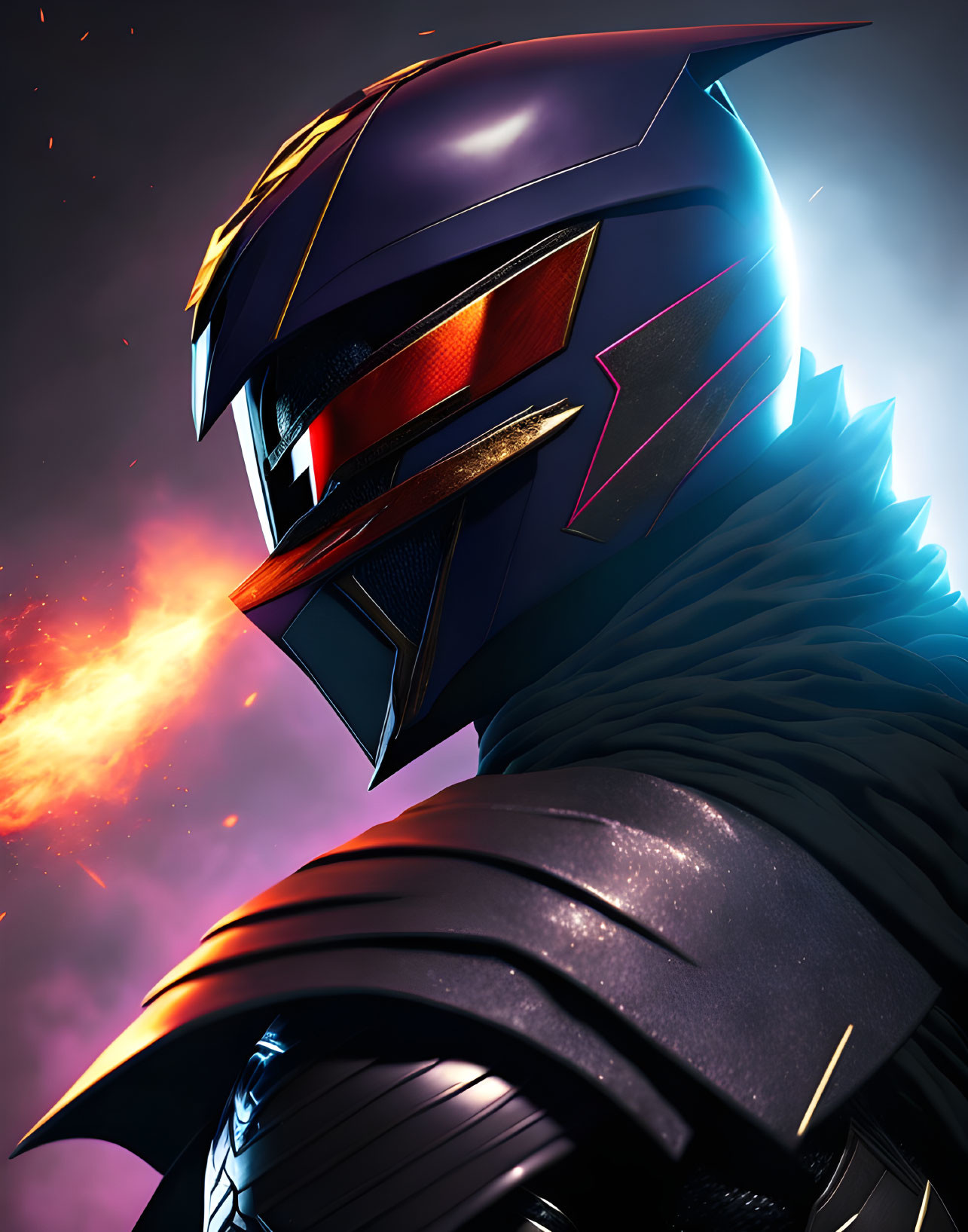Detailed Close-Up of Animated Robot with Blue and Purple Helmet and Red Glowing Eyes
