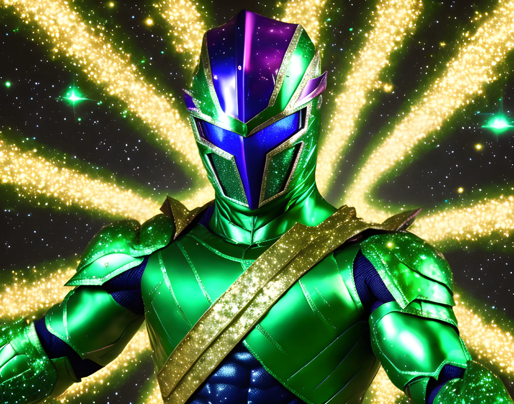 Vibrant Green Power Ranger Costume with Purple Visor and Starry Backdrop