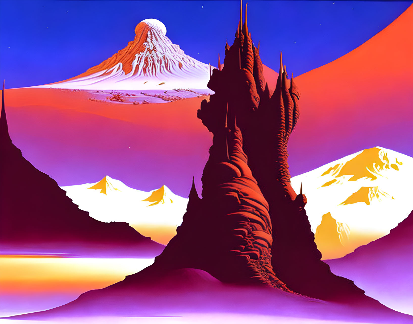 Sci-fi landscape with spire, mountains, and two-toned sky