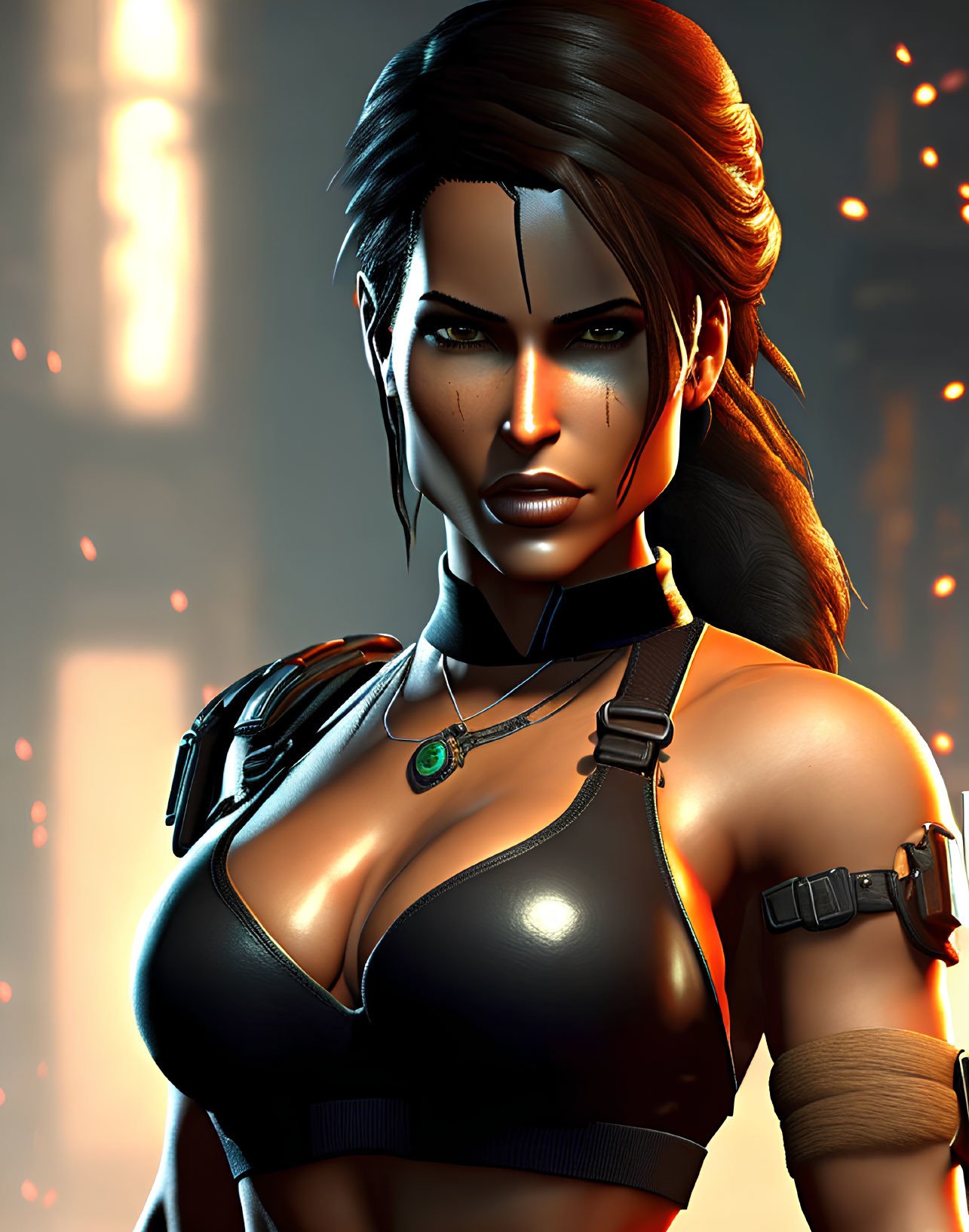 Digital art: Female character with brown hair, intense eyes, black tactical outfit, necklace, in dim