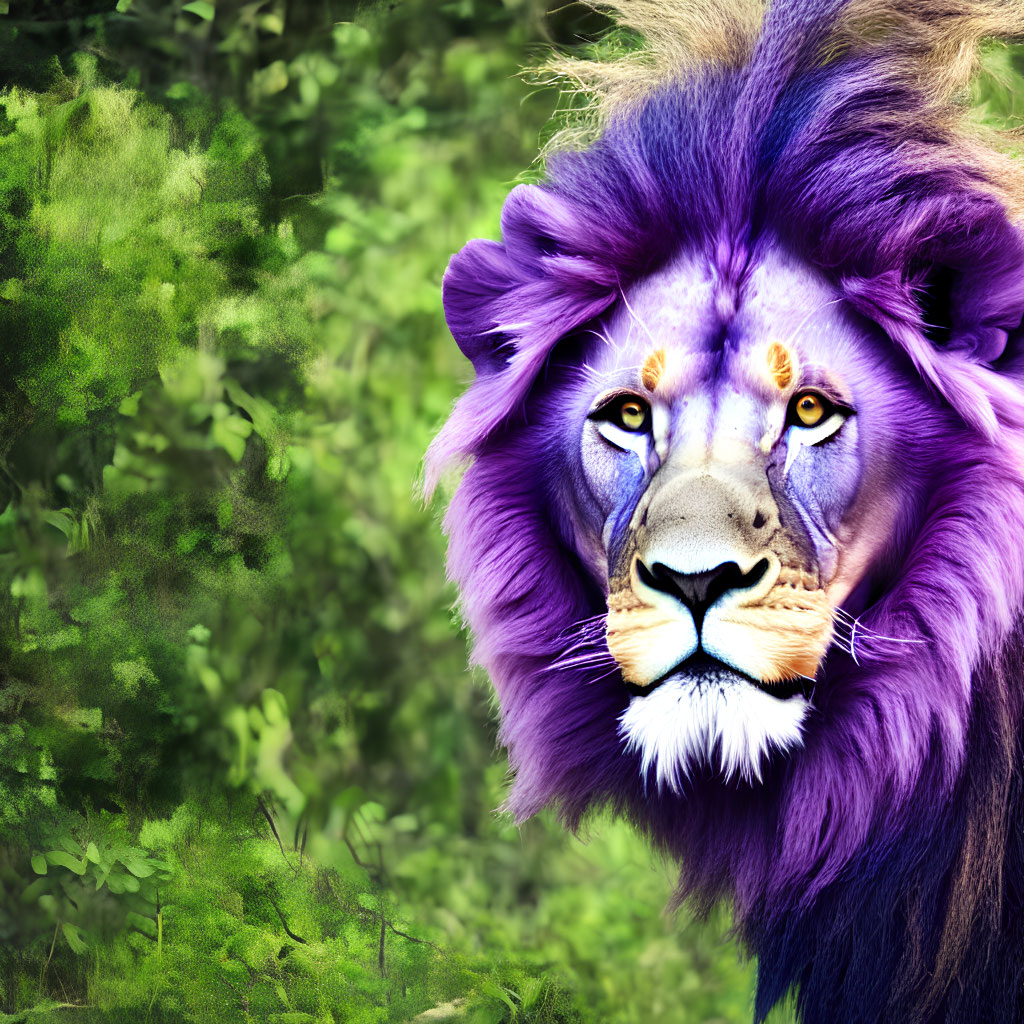 Digitally altered image: Lion with vibrant purple mane on blurred green background
