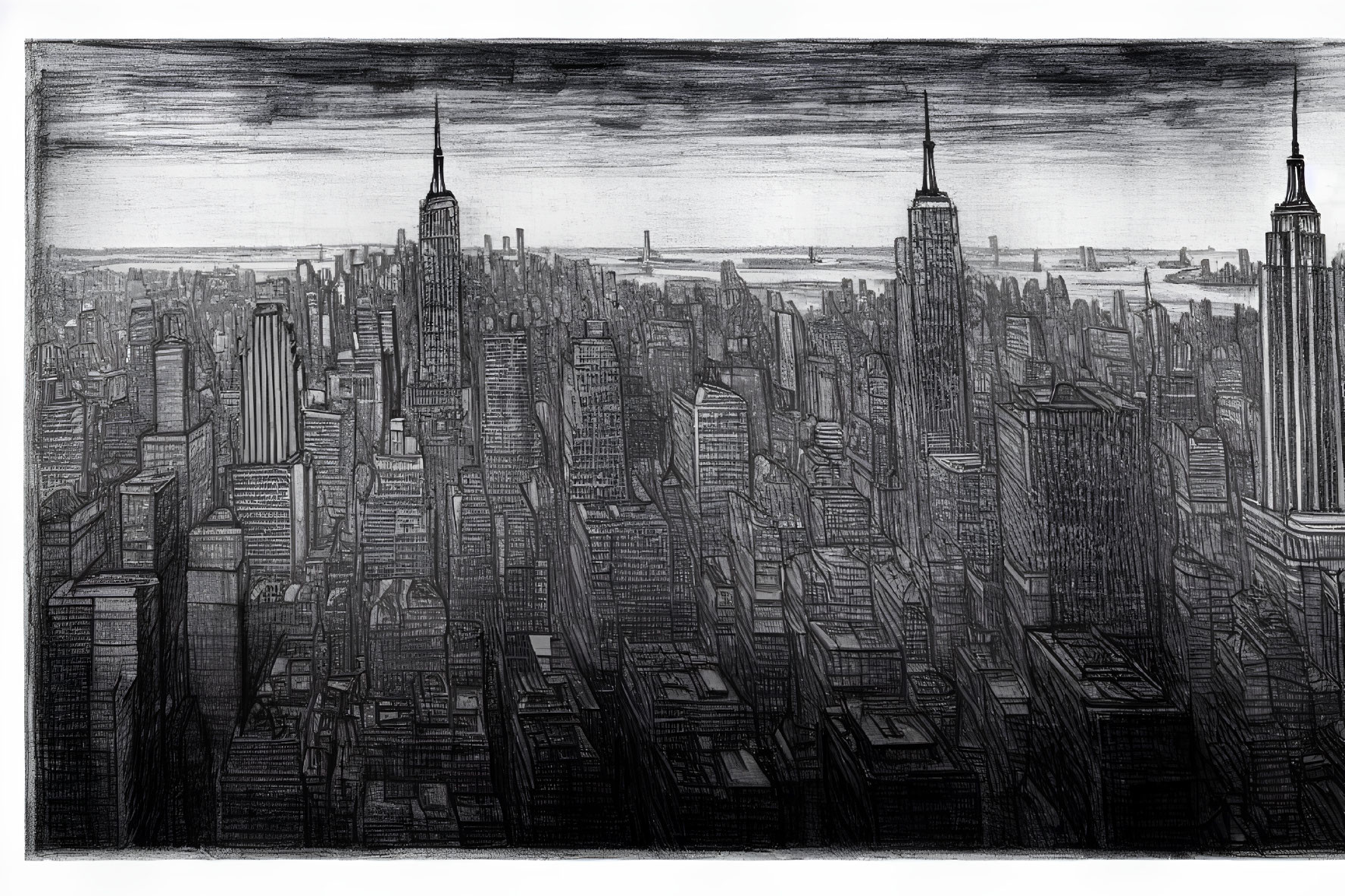 Monochrome sketch of dense urban skyline with skyscrapers, possibly New York City view.
