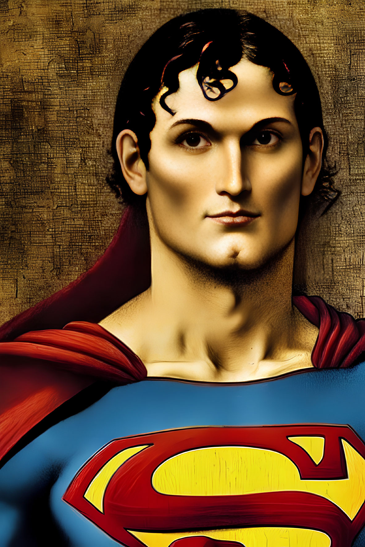 Superman in Red and Blue Costume with 'S' Emblem on Golden Textured Background
