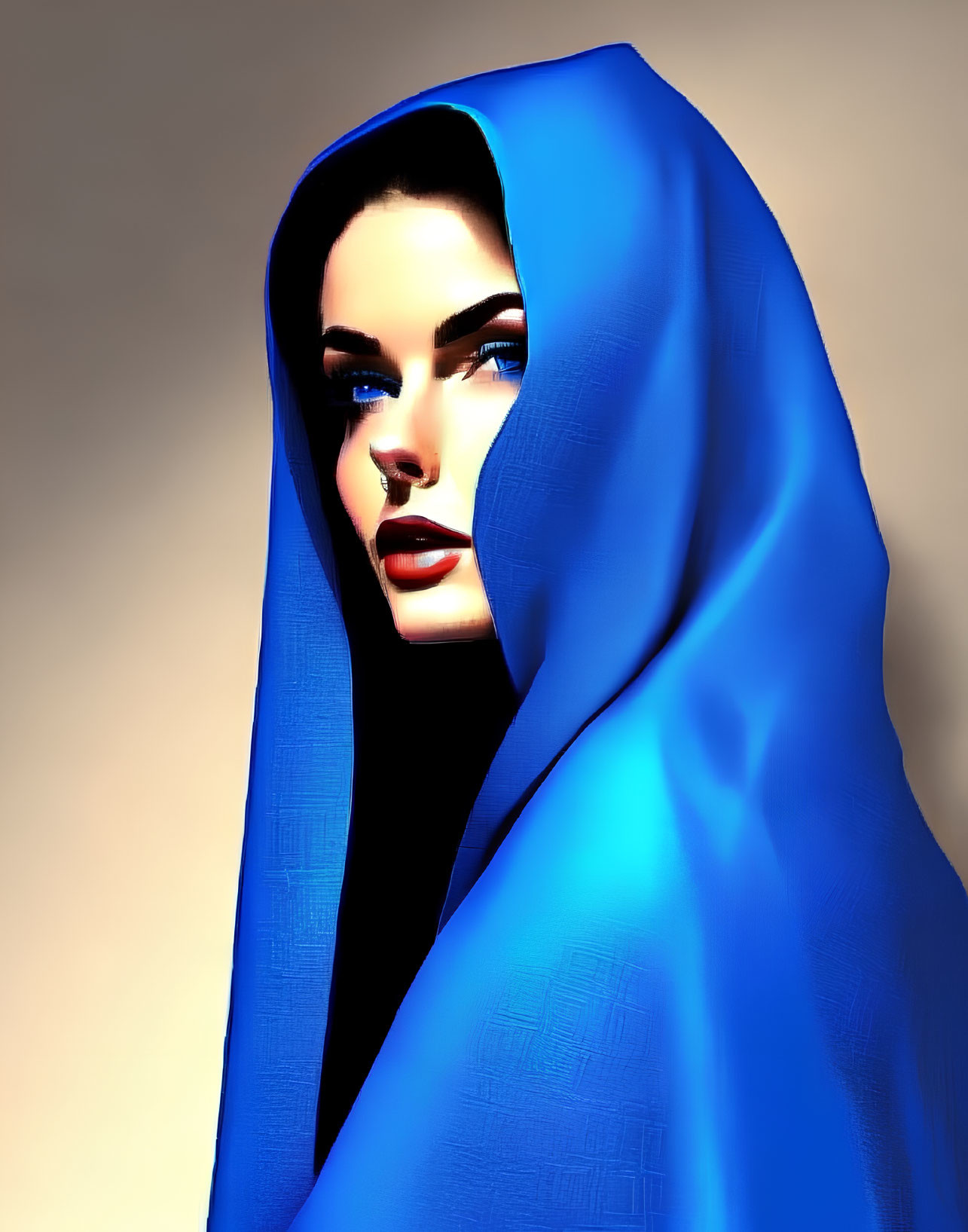 Vibrant blue cloak on woman in digital art portrait