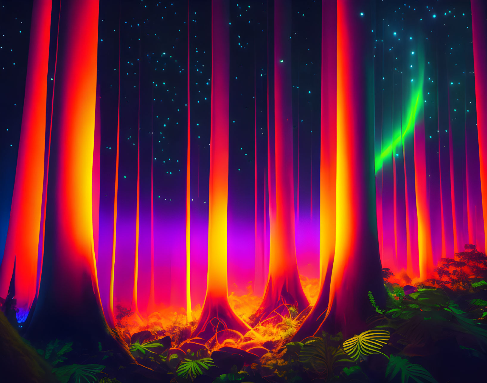 Vibrant digital art: Glowing lava-like trees in starry sky with green aurora