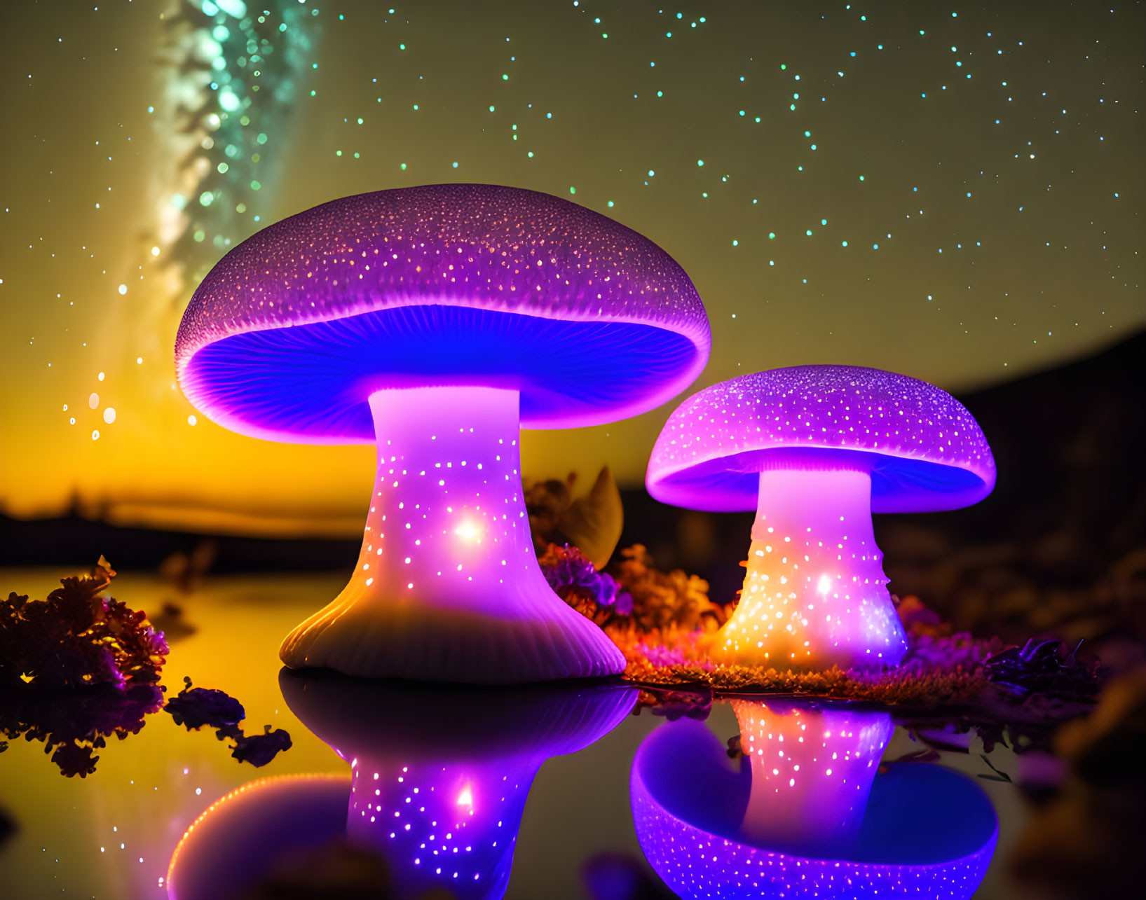 Glowing fantasy mushrooms with starry night sky and celestial event reflected on water