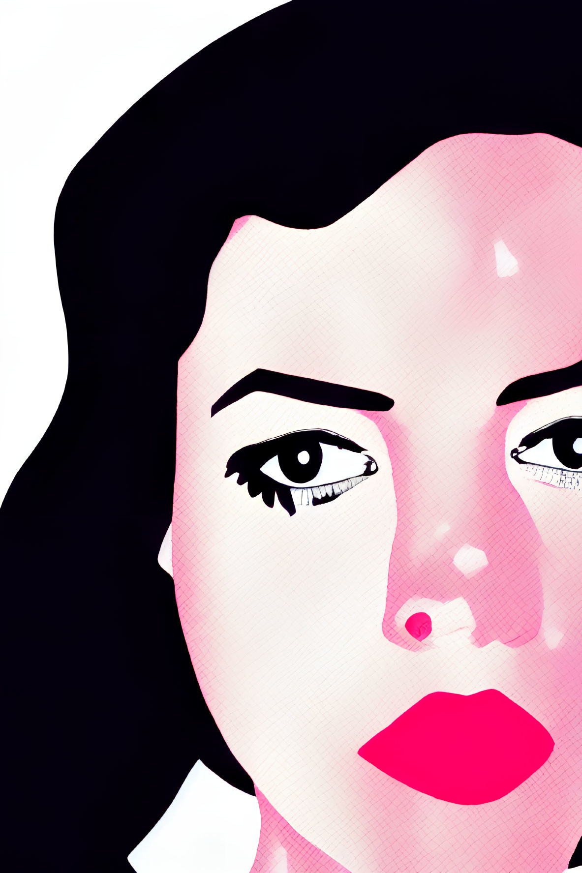 Detailed graphic illustration of a woman with bold red lips and prominent eyelashes in limited pink and black colors