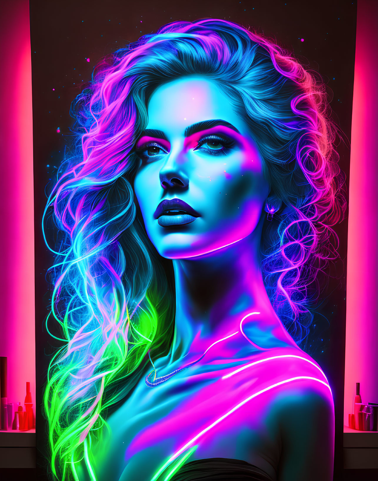 Colorful digital artwork: Neon-lit woman with vibrant skin tones on dark background