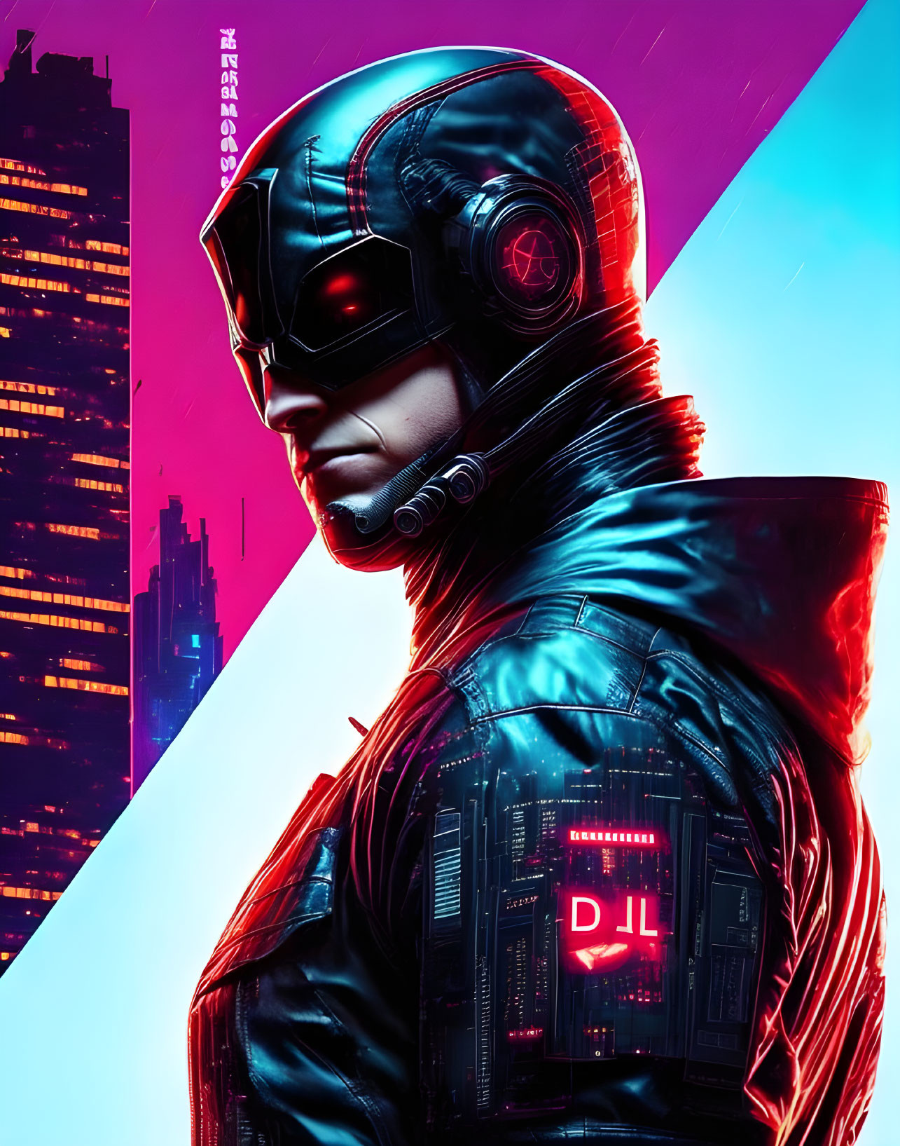 Close-Up Futuristic Helmet with Neon Highlights in Red and Blue Cityscape