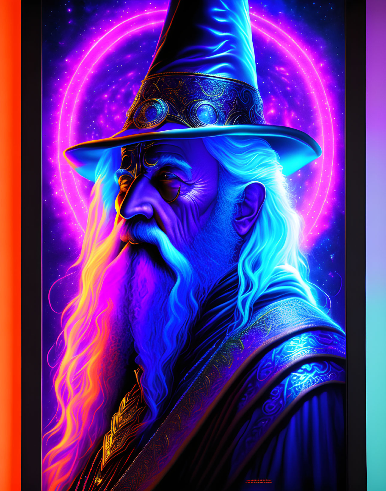 Colorful digital wizard portrait with glowing hat and cosmic backdrop