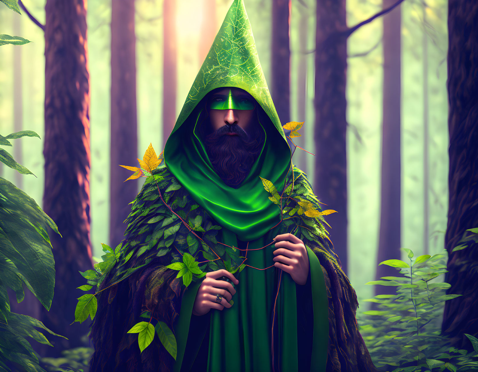 Person in Green Leaf Cloak Standing in Misty Forest Holding Plant Stem
