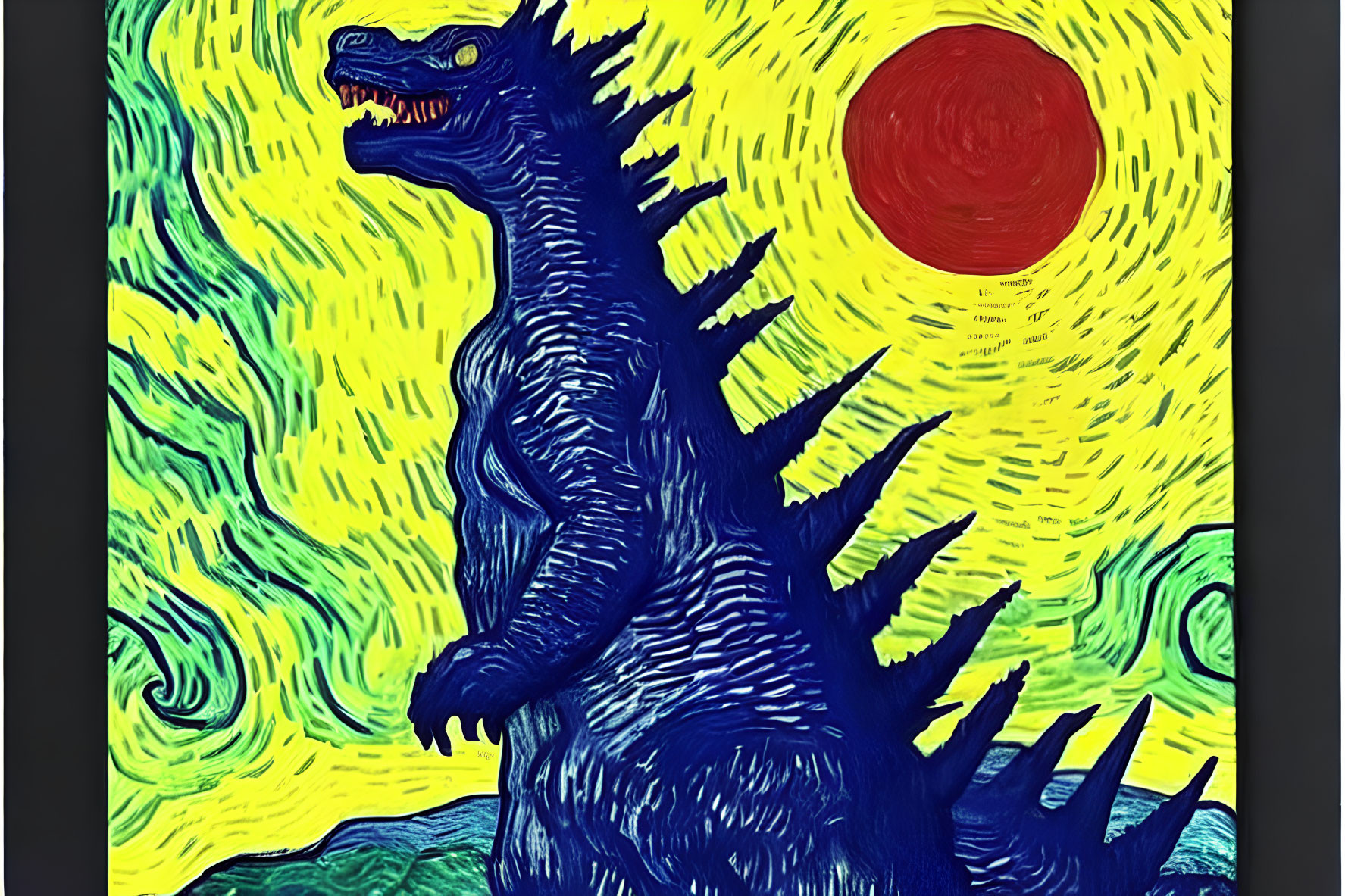 Godzilla figure styled like Van Gogh's "Starry Night" with swirling yellow patterns